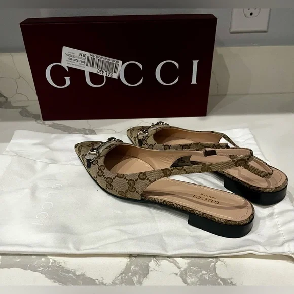Like New Gucci GG Monogram Horsebit Slingback Flats pointed Size 37.5 - Picture 9 of 15